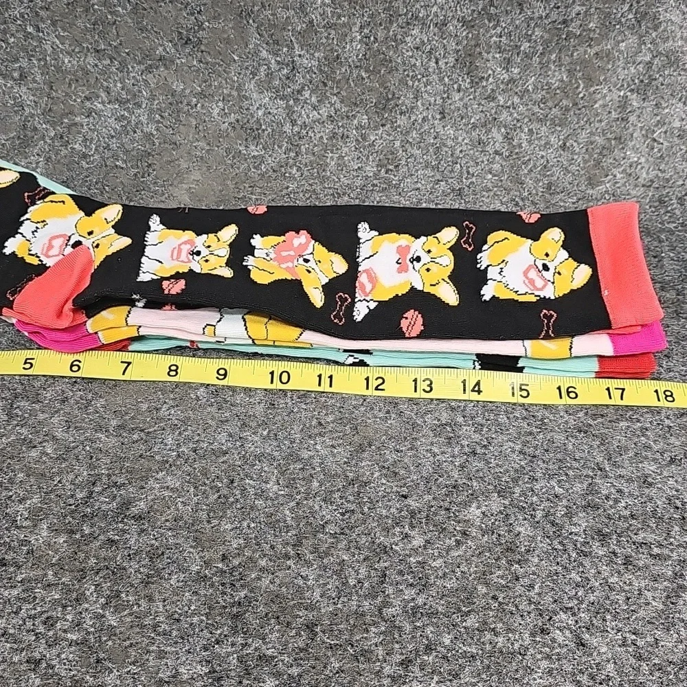 Colorful Corgi Dog Print Socks, 3 Pk, Black Pink Aqua, One Size, New Without Tag